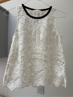 Maje White Lace Sleeveless Camisole with Black Neck Trim